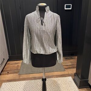Vintage Judy Bond Silver Metallic Ribbed Tie-Neck Top